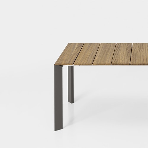 rectangle-shaped table made of wooden planks and steel legs in a brown tone on a white background
