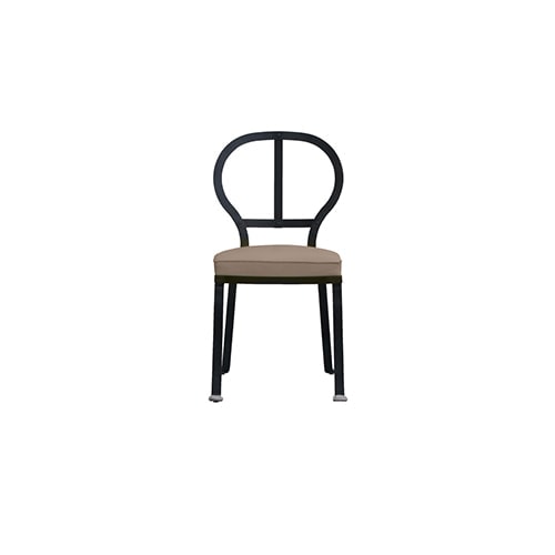 chair made of wrought metal base without armrests upholstered in light brown leather on a white background