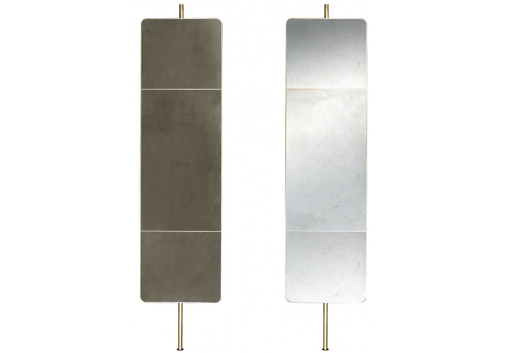 two-sided screen made of brass base in a brass color tone, the otor in gray leather