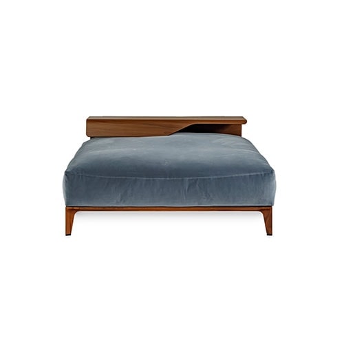 Bed made with Canaletto walnut wood base and upholstered in light blue velvet on a white background