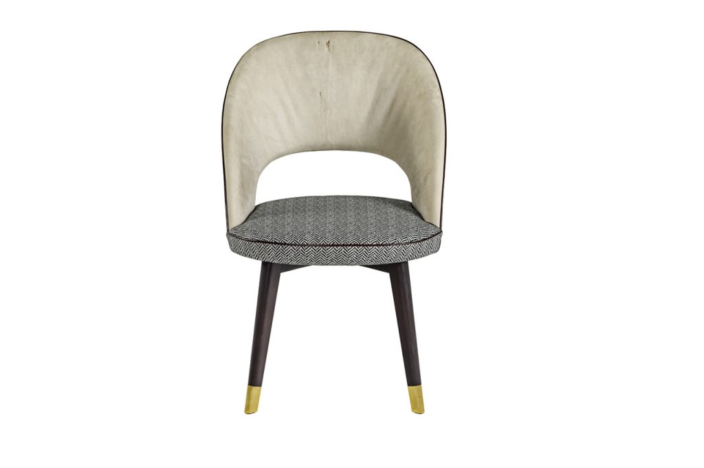 chair made of beige and gray leather on wooden and brass legs