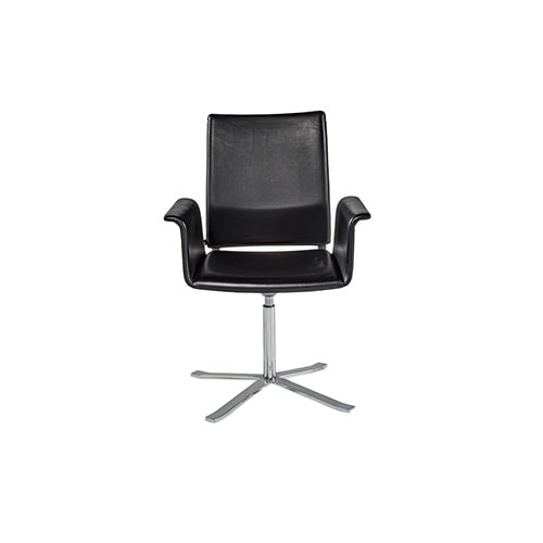 chair made of silver chrome adjustable swivel base and upholstered in glossy black leather