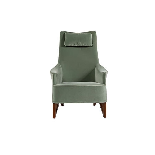 Bergère upholstered in mint green velvet with white stitching on a wooden structure