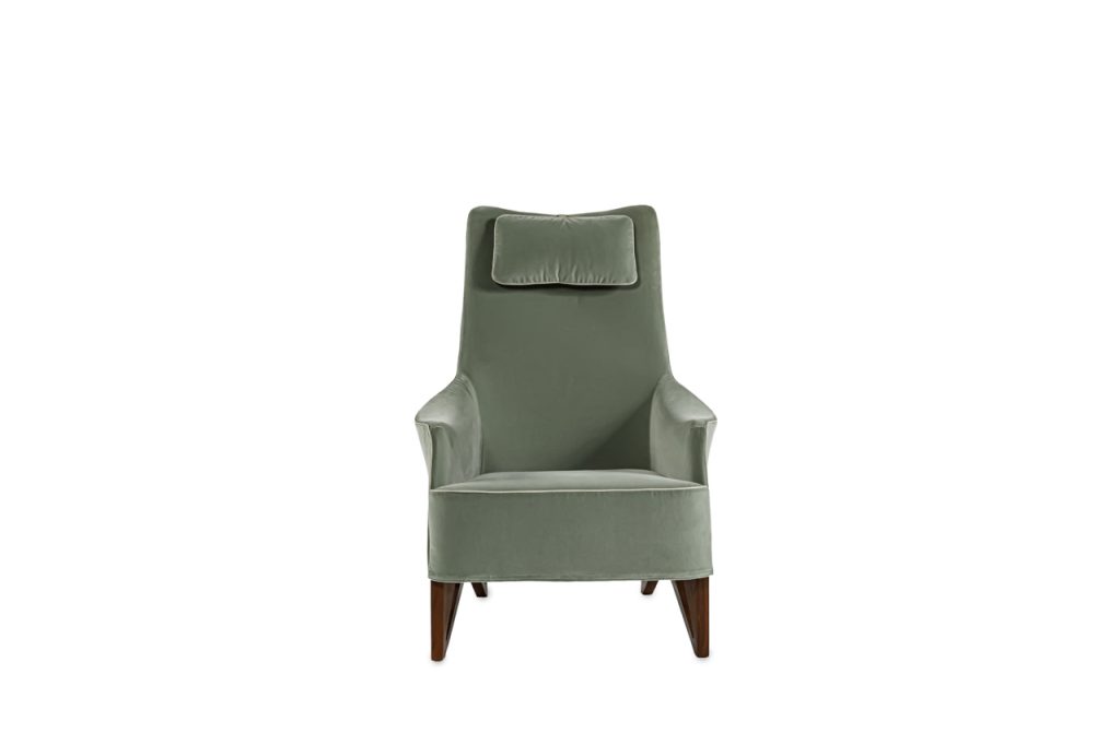 Bergère upholstered in mint green velvet with white stitching on a wooden structure