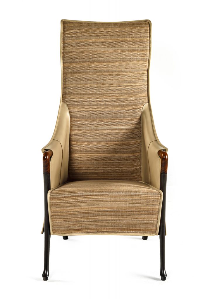 Bergère chair - with interior seat and back cushion upholstered in brown textured fabric - Twisted Pelle Nude.