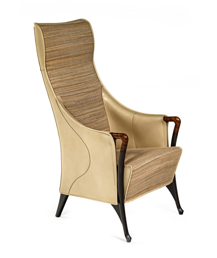 Exterior seat backrest and armrests upholstered in beige saddle leather.