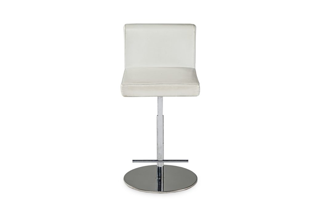 stool with column seat and height-adjustable polished metal base on a white background