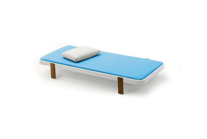lounger made of metal base and adjustable seat in a blue and white color tone on a white background