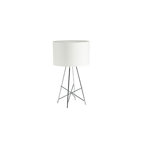 Table lamp with white metal shade on chrome finish metal structure on a white background.