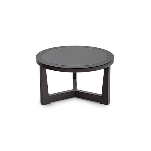 Round coffee table in beech wood with matte polyurethane finish on a white background