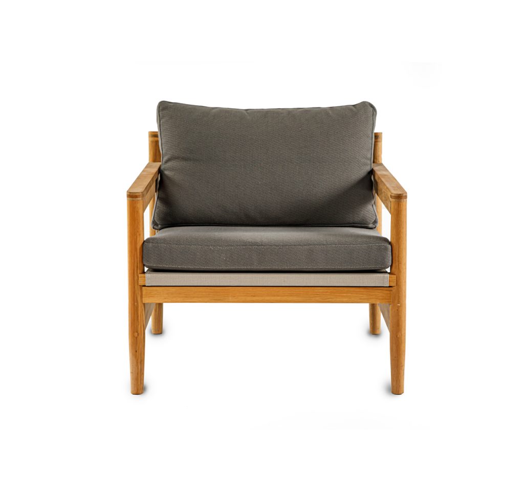 Outdoor armchair made of teak wood base and upholstered in brown fabric