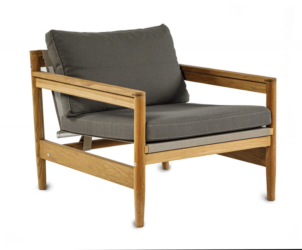 Outdoor armchair made of teak wood base and upholstered in brown fabric