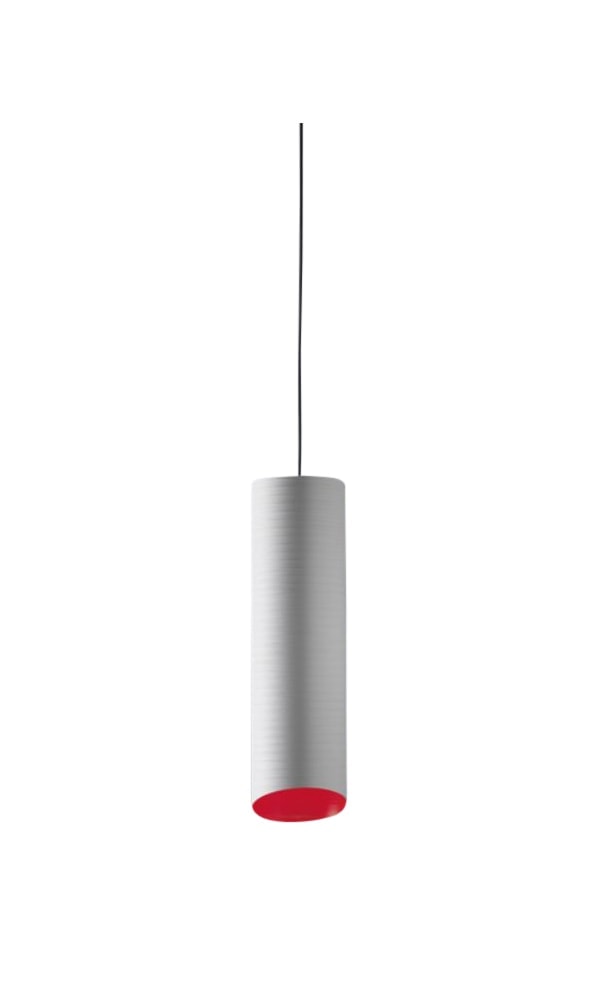 Suspension lamp in fiberglass composite exterior screen in white. Interior screen in red.