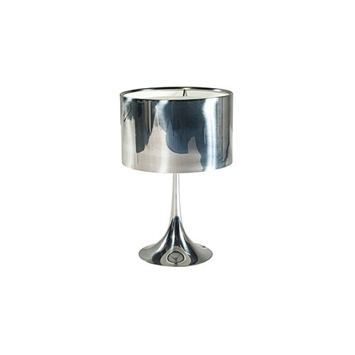 Small metal table lamp with polished aluminum finish on a white background