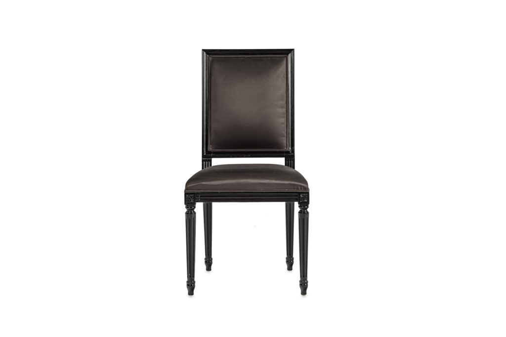 dining chair made in a black wooden structure stuffed with fabric cushion in a black tone