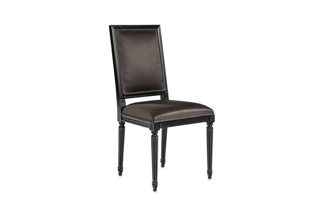 dining chair made in a black wooden structure stuffed with fabric cushion in a black tone on a white background