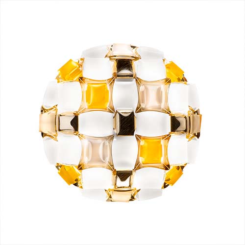 lamp made in the shape of a sphere made of white Opalflex® and Lentiflex® in a golden tone on a white background