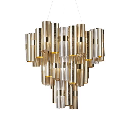ceiling lamp with central ring and metallic strips in a gold tone on a white background
