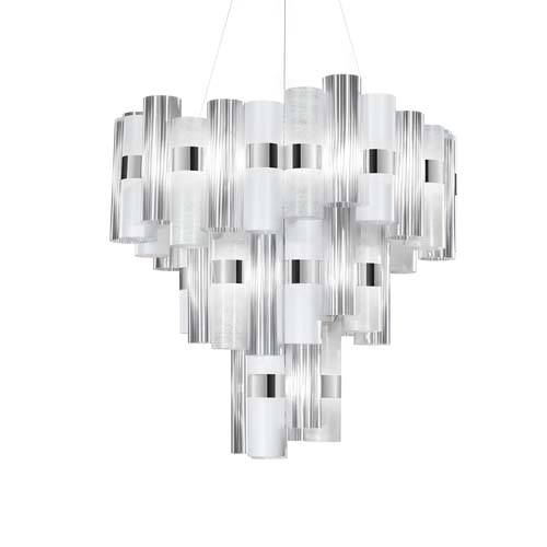 ceiling lamp with central ring and metallic strips in a geometric shape in a silver tone on a qhite background