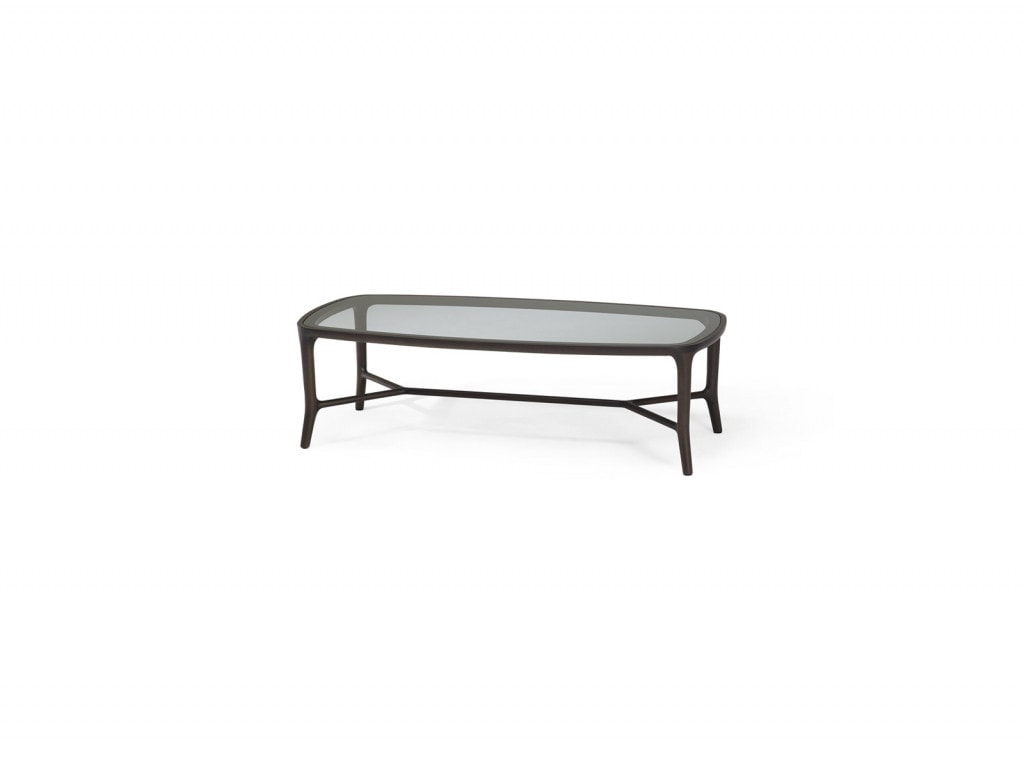 low table made of walnut wood base and glass top in a bronze tone on a white background