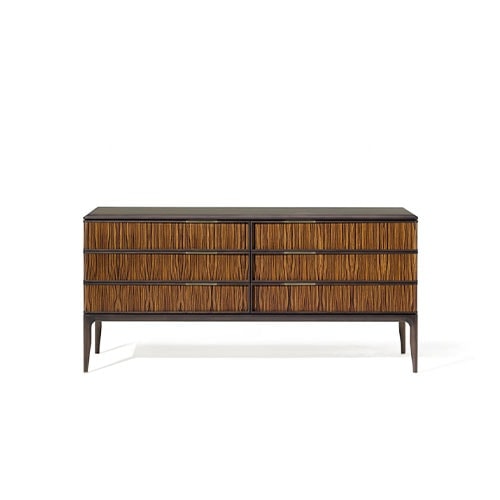 sideboard made of a wooden base and finished in marble and glass, front drawers in a brown tone with black