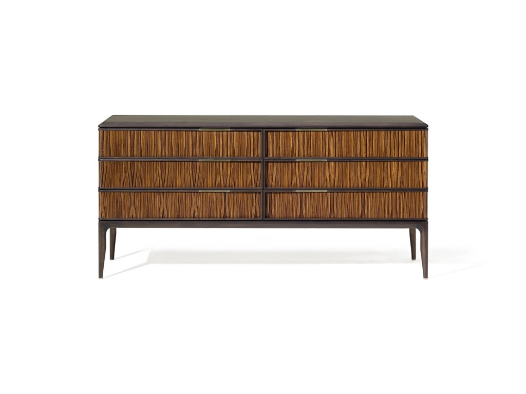 sideboard made of a wooden base and finished in marble and glass, front drawers in a brown tone with black