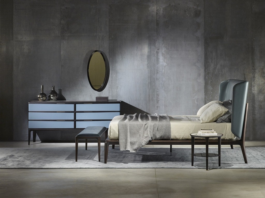 sideboard made of wood and marble with leather finishes in a tone of blue with coffee