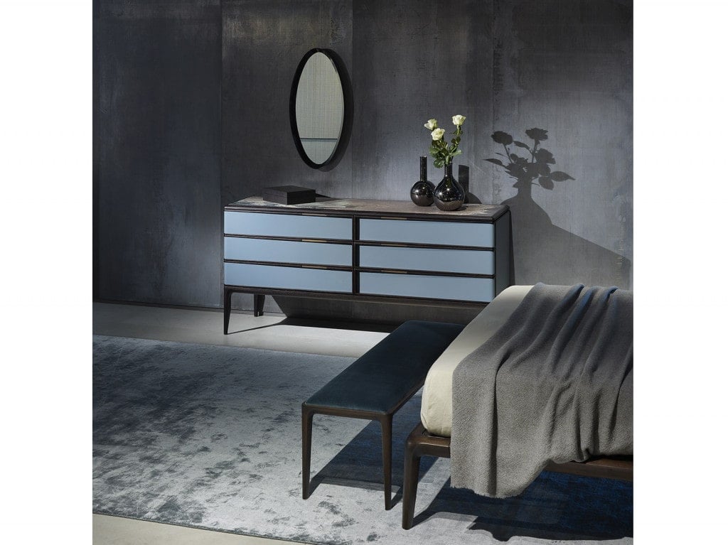 sideboard made of wood and marble with leather finishes in a tone of blue with coffee