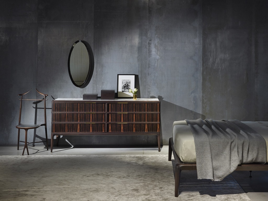 sideboard with side drawers made of wood and leather in a dark and light brown tone