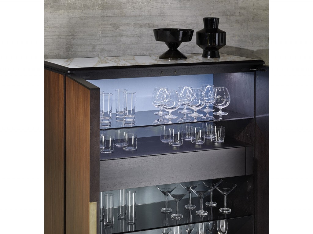 furniture made of wood and steel base with glass shelves inside in a brown and black tone