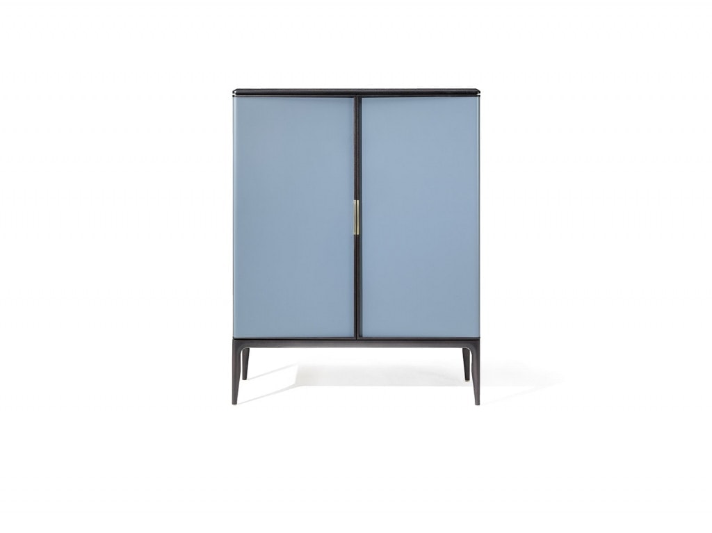 cabinet made in a blue nogal wood and finishies in black leather on a white background