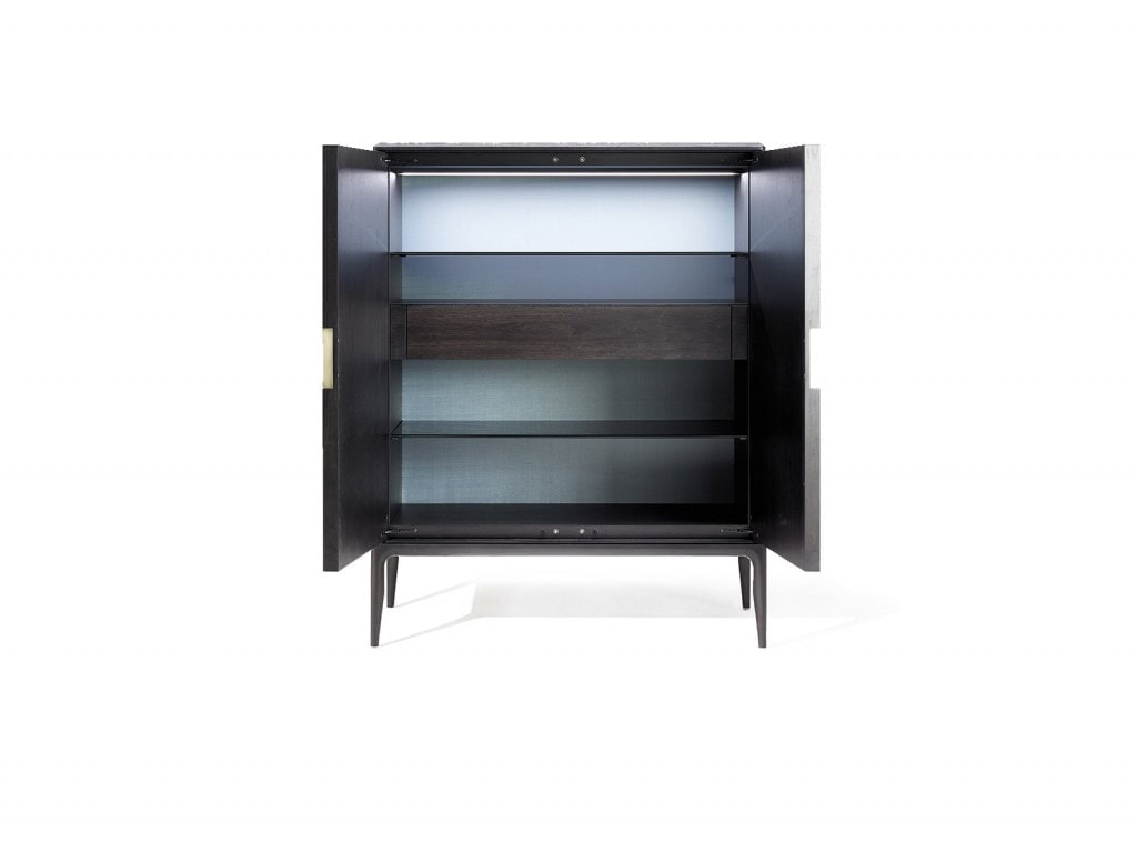 furniture made of wood and steel base with glass shelves inside in a brown and black tone