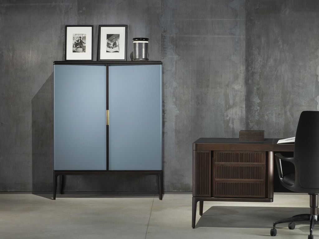 blue furniture made with steel legs and walnut wood structure