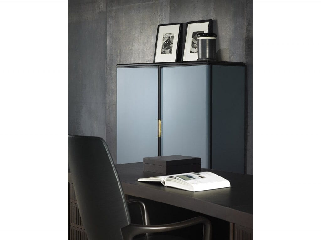 blue furniture made with steel legs and walnut wood structure