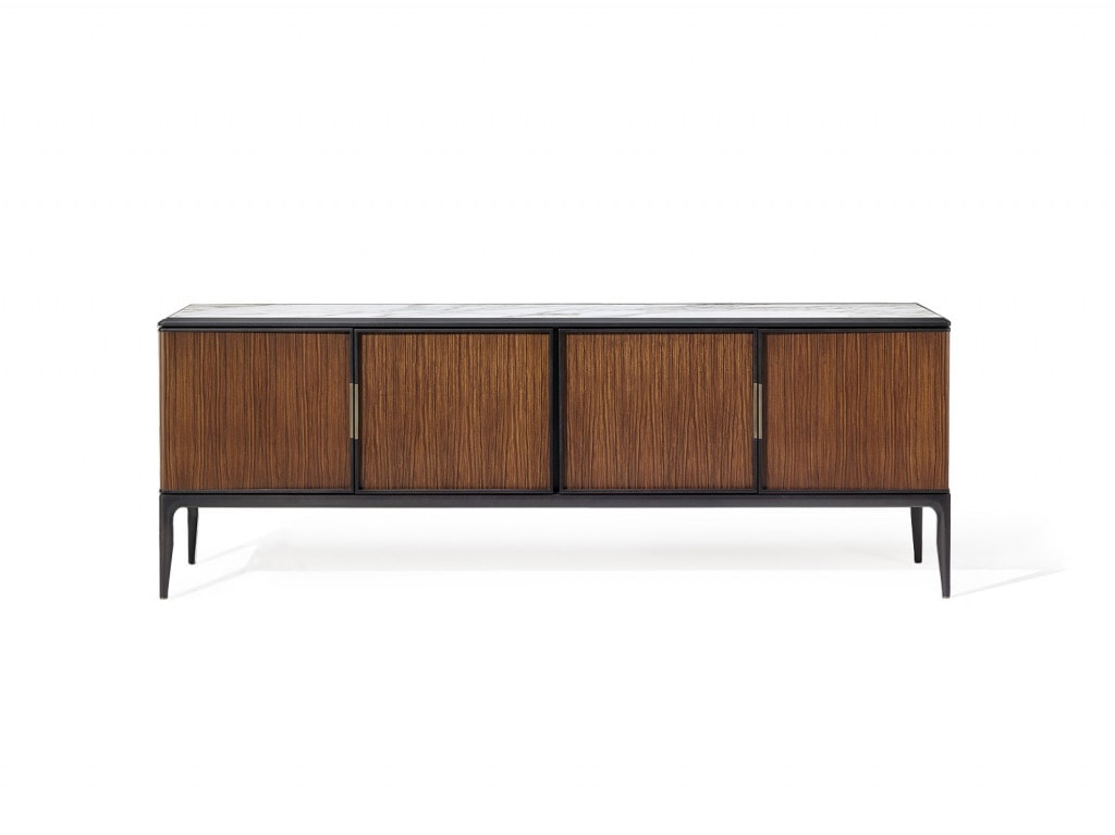 sideboard made of walnut wood base finished in marble leather in a tone of brown, black and white