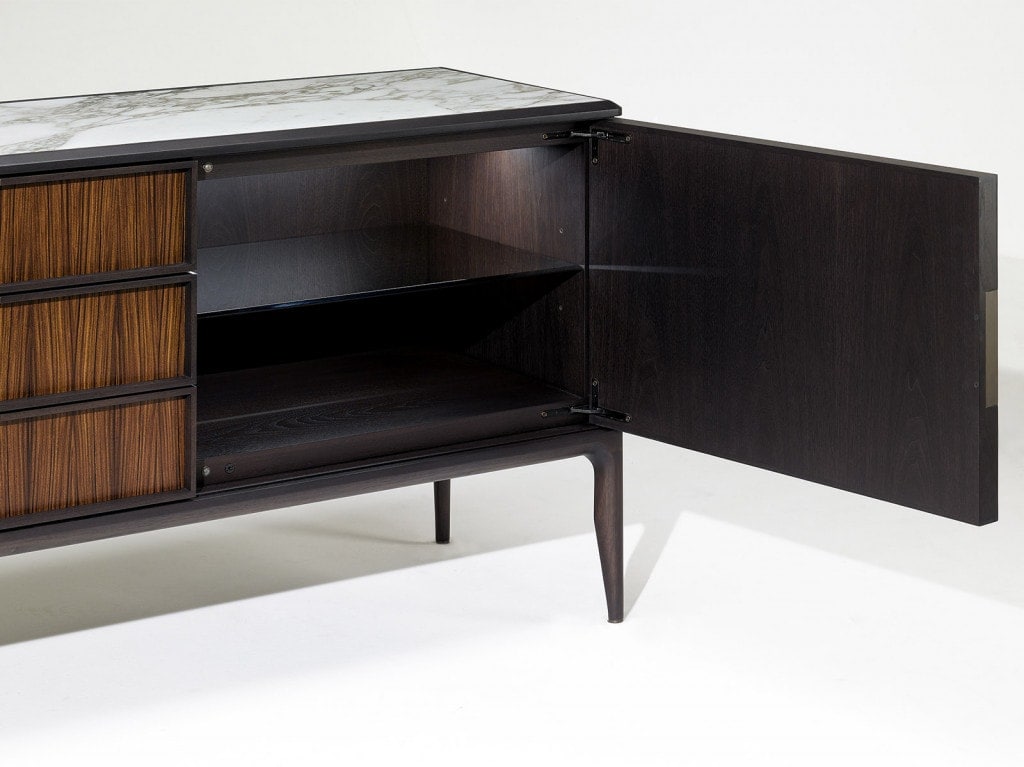 Sideboard made of marble wood and leather base with front drawers in a black, coffee and white color tone