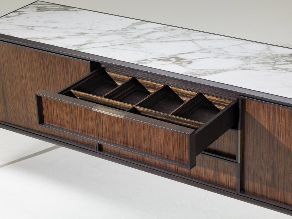 Sideboard made of marble wood and leather base with front drawers in a black, coffee and white color tone