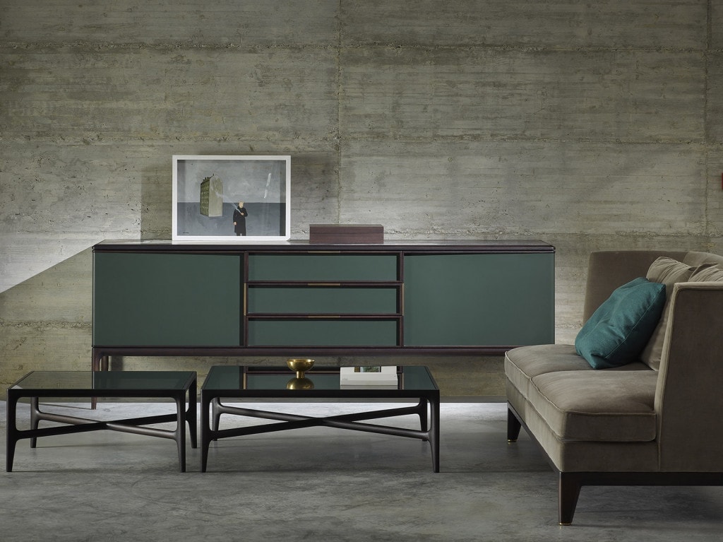 sideboard made of green walnut wood base with drawer fronts finished in black leather and white marble top