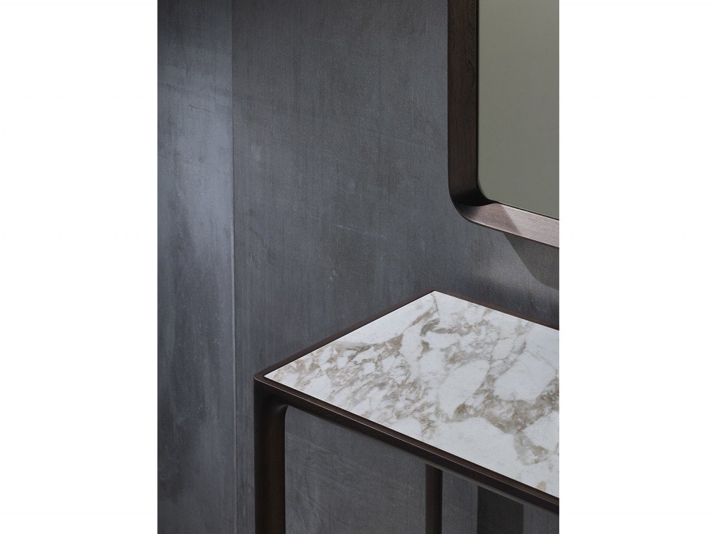 console made of walnut wood base in a black tone with white marble top