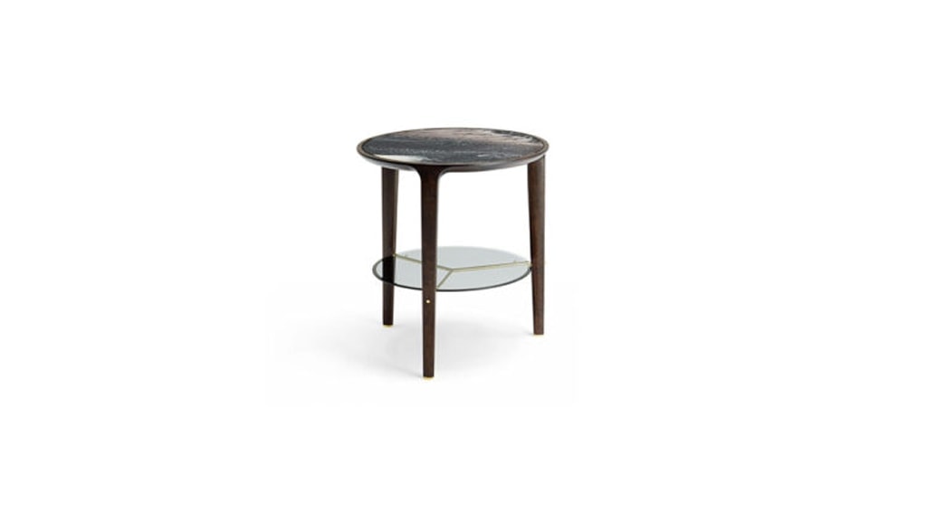 small table made of walnut wood on tempered glass in a brown tone on a white background