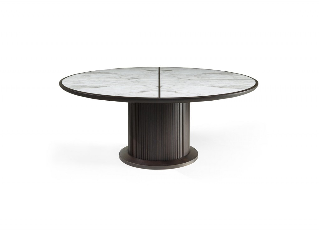 wooden table made in a circular shape covered in marble in a white tone