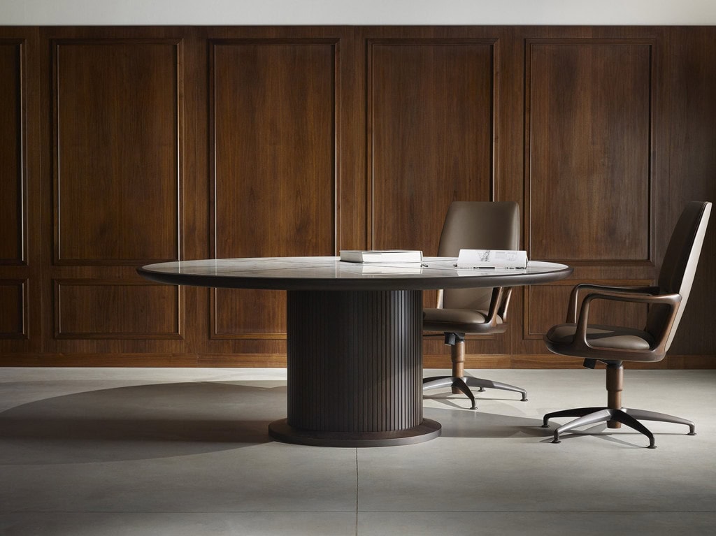 table made of brass base and brown wood structure and white marble top