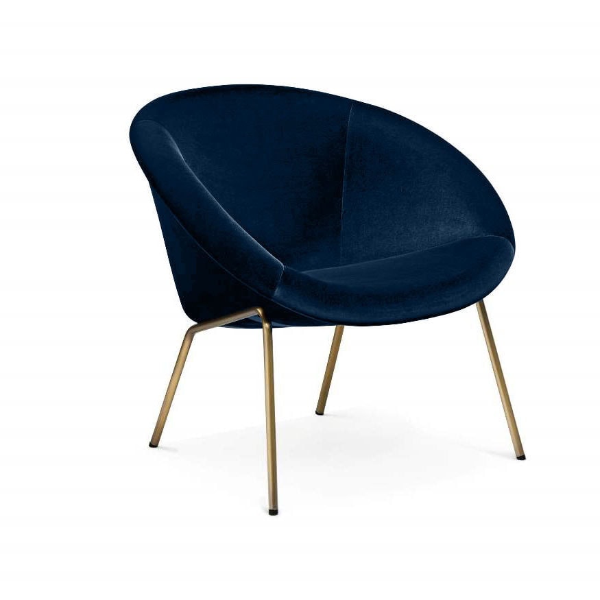 armchair made of velvet in a light blue tone with brass legs on a white background