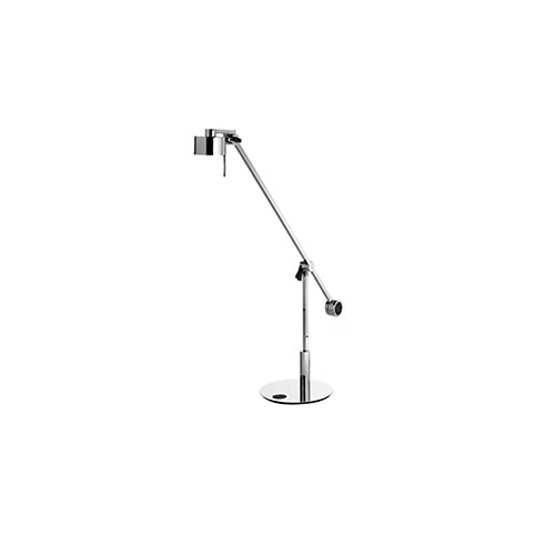 Adjustable table lamp with chrome body and rotating luminaire.