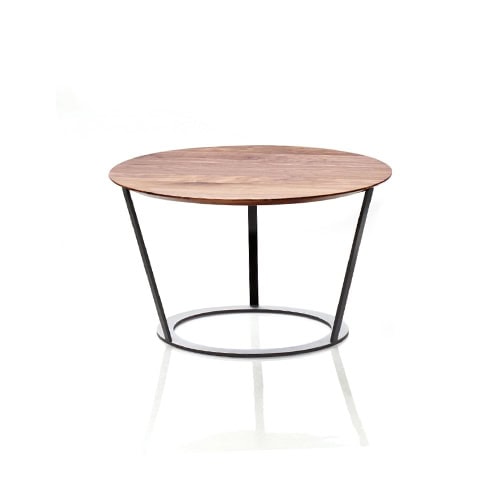 round coffee table made of metal base and walnut wood top in a light brown tone on a white background