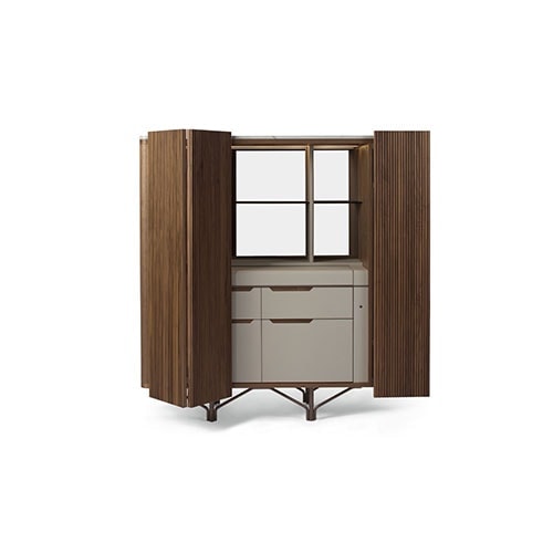 bar furniture made of a wooden base and finished in marble and leather with a front curtain in a brown and beige tone