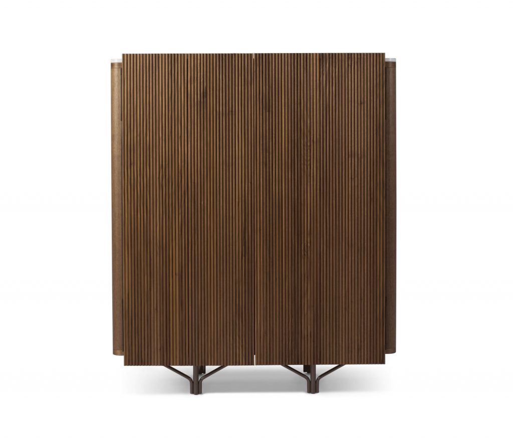 bar cabinet made of wood and marble base with a front curtain made of leather in a brown tone