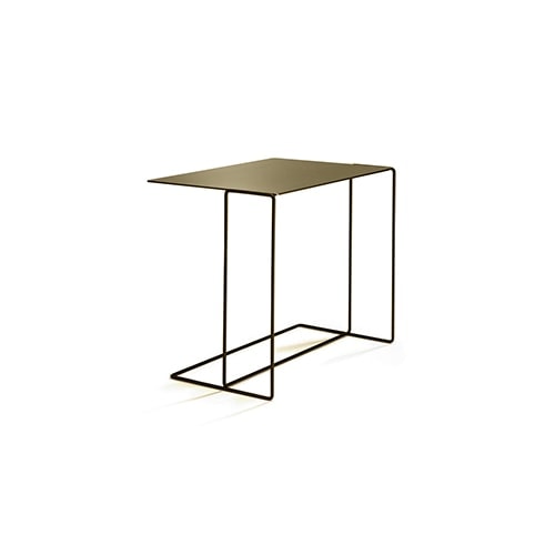 Rectangular metal side table with tan finishes in a gold tone on a white background