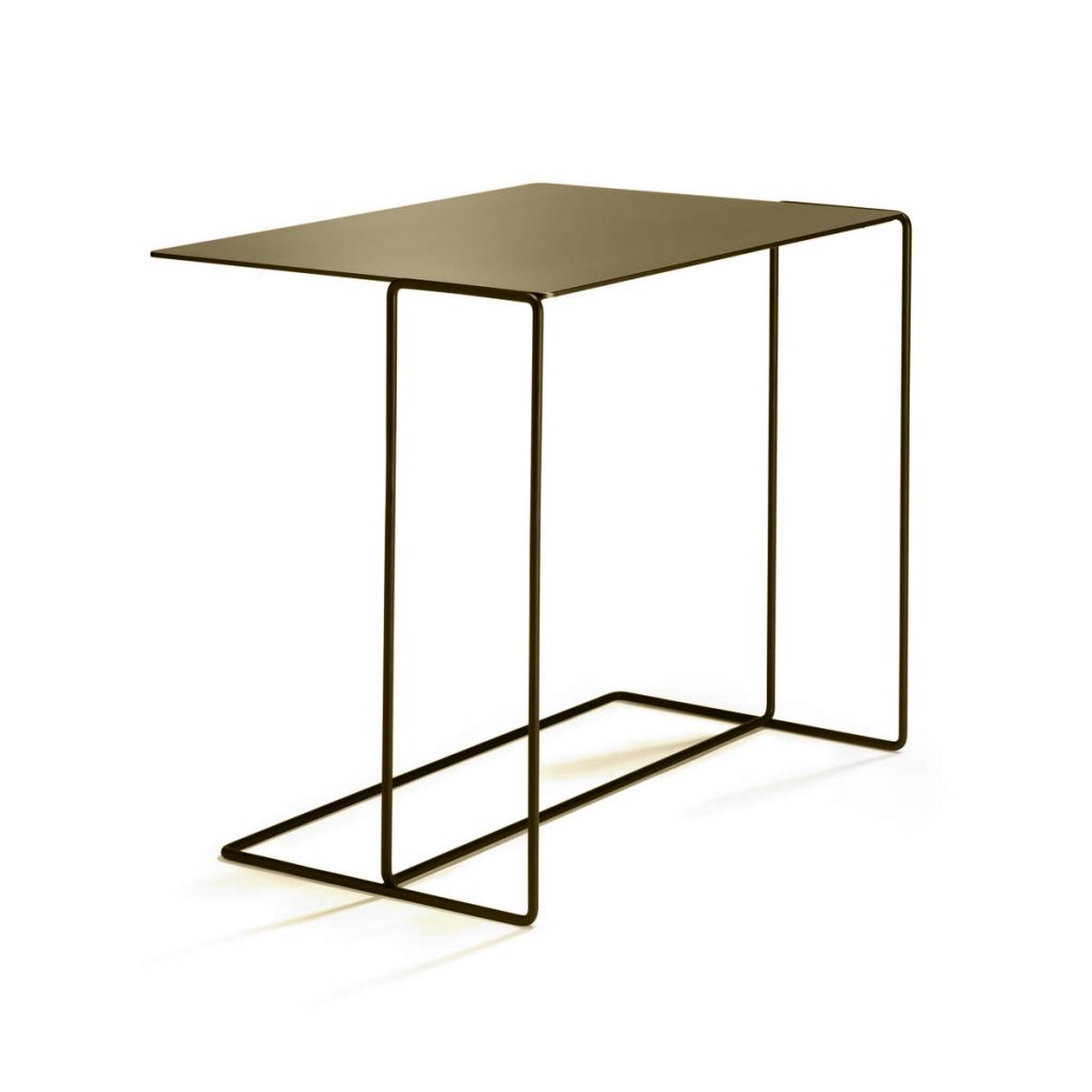 Rectangular metal side table with tan finishes in a gold tone on a white background