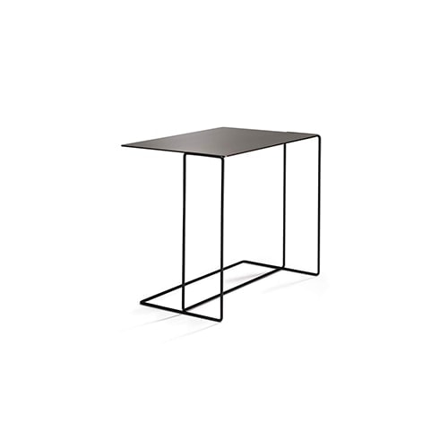 Rectangular metal side table with a bronze finish on a fine tubular structure on a white background